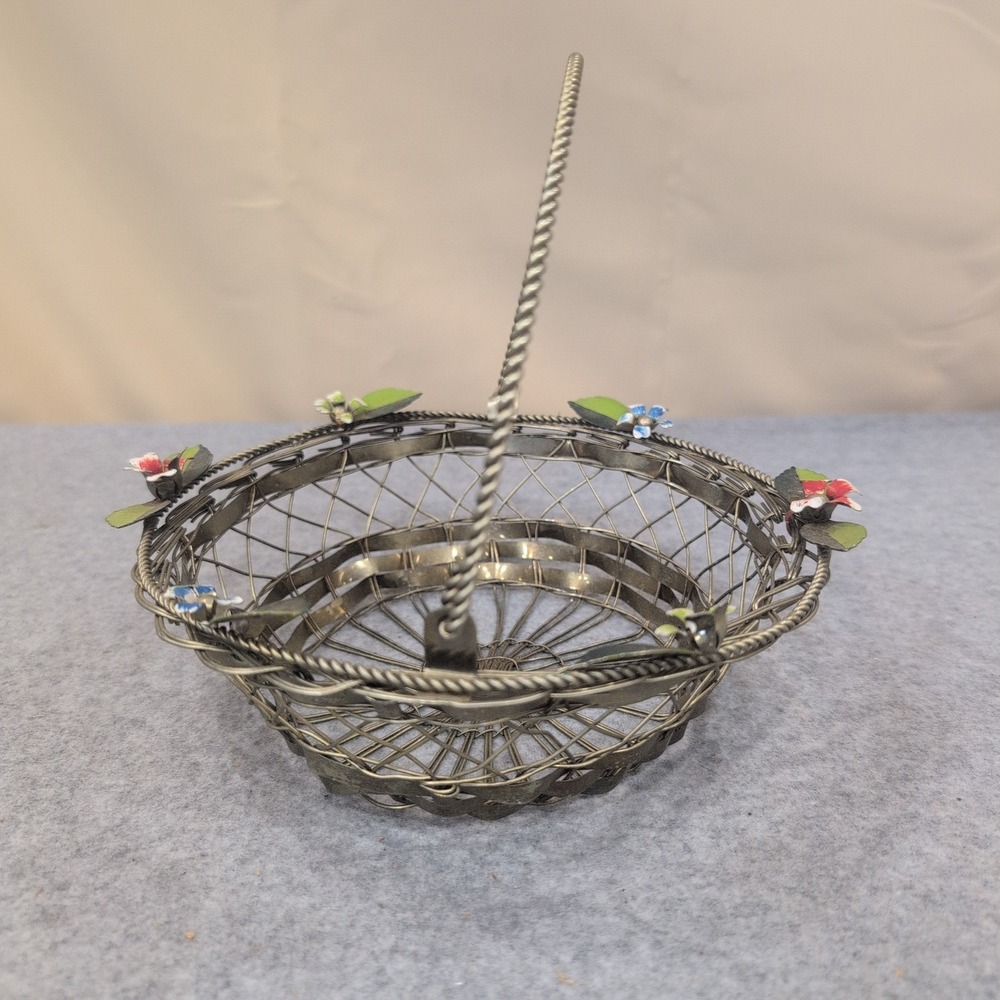 Vintage Silver Tone Woven‎ Wire Basket with Enameled Flowers and Swing Handle